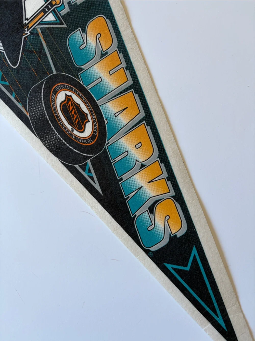 Vintage 1990s NHL San Jose Sharks Pennant Logo and Puck Teal, Black & Gold Ombré